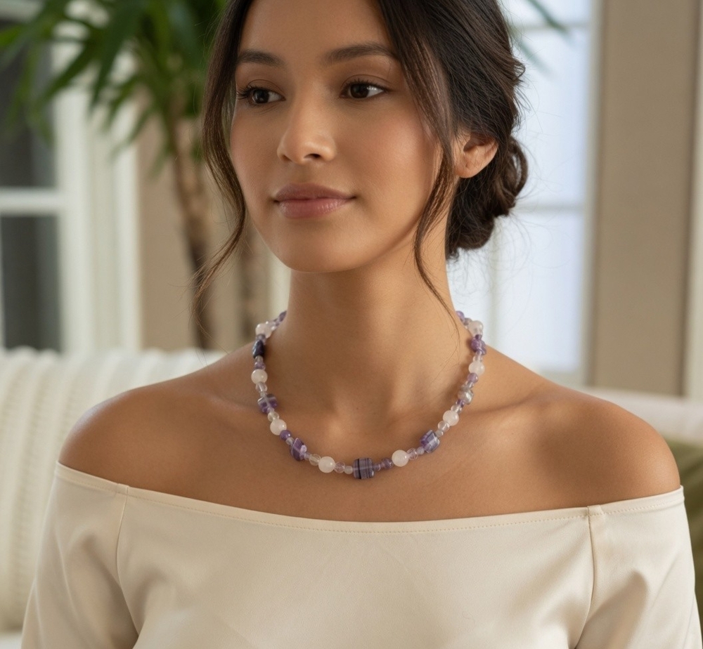 Natural Purple Amethyst Beaded Single Strand Necklace 22" Clear White VG